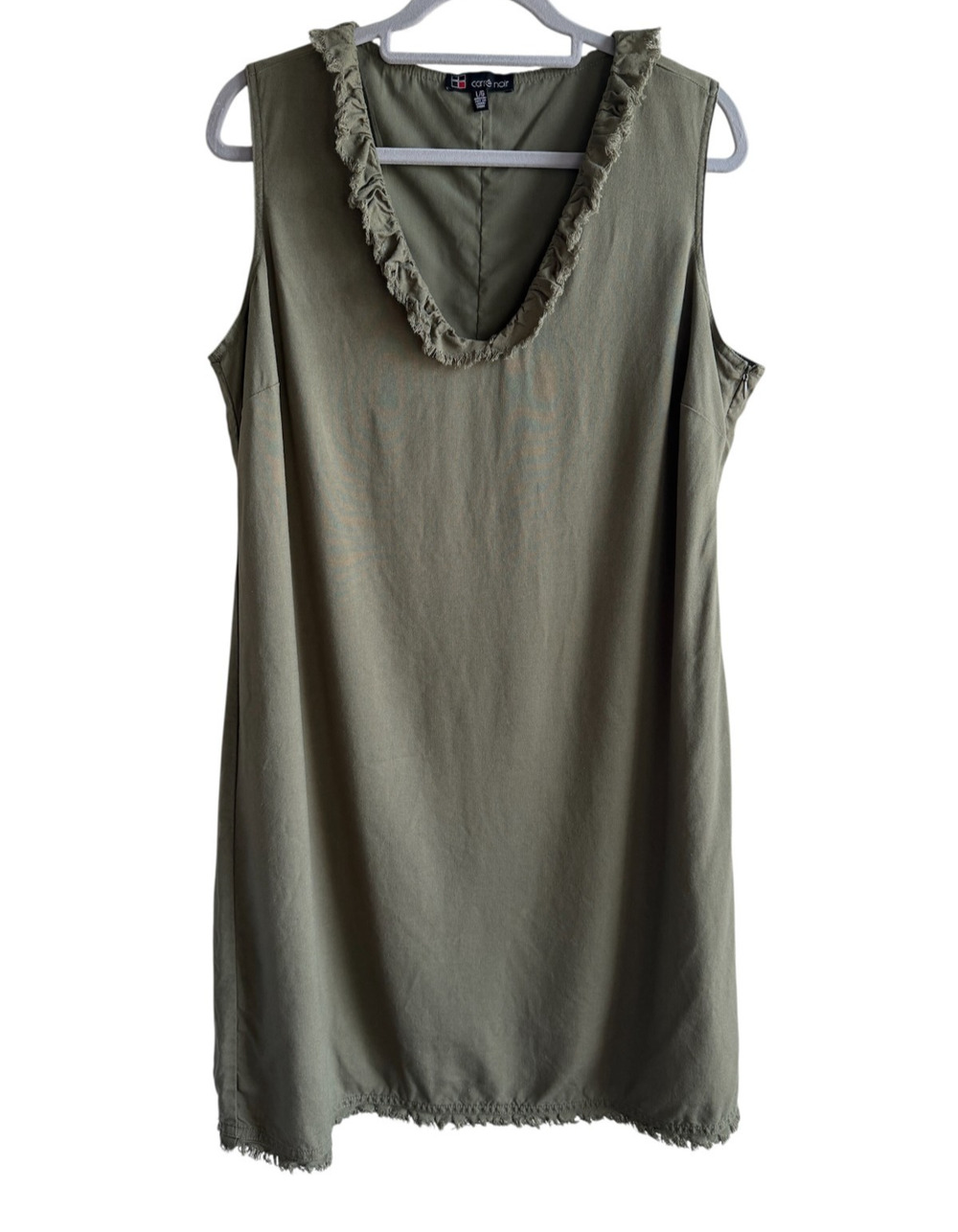Carré Noir Olive Green Linen Blend Shift Dress Large Fringe Ruffle Lined Office